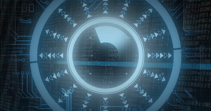 Displaying circular gauge rotating over control panel, with code overlay and arrow markers