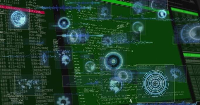 Displaying cyan holographic HUD element floating over data interface, with code and terminals