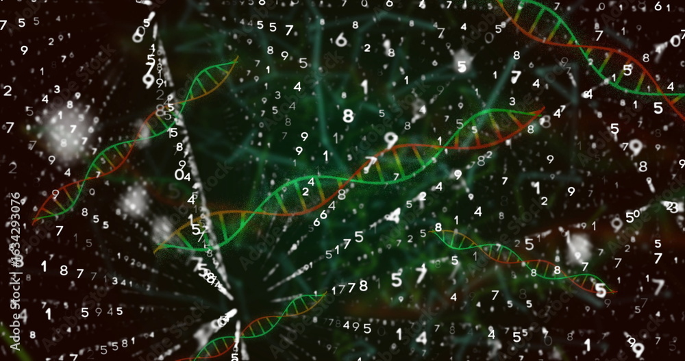 Poster displaying green and orange dna helices across dark digital space, with swirling numeric streams