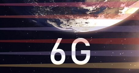 Displaying bold white 6G text floating above sunlit planet in outer space, with colored stripes