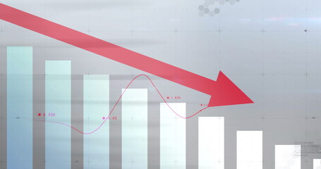 Pointing red diagonal arrow over cyan-grey bars on dashboard, red trendline, grid overlay, hexagons