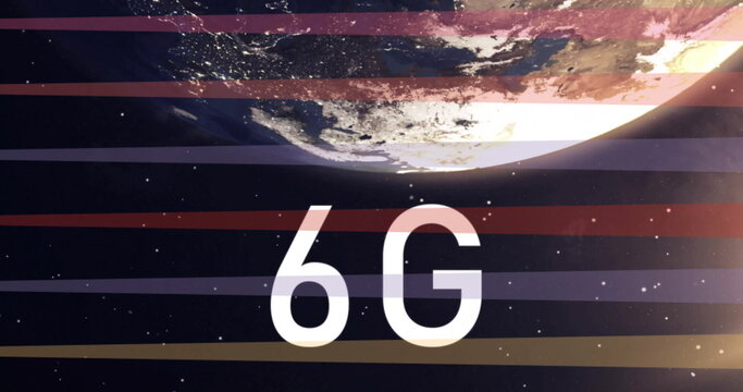 Naklejki Displaying bold white 6G text floating above sunlit planet in outer space, with colored stripes