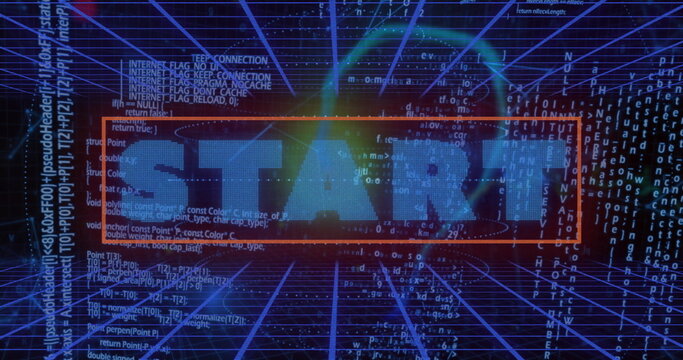Rendering bold START rectangle within digital grid environment, with floating code snippets