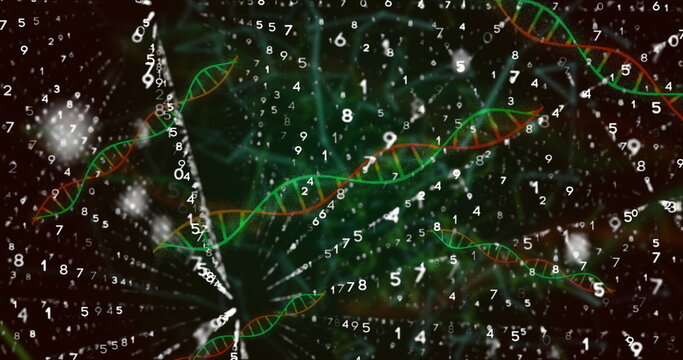 Displaying green and orange DNA helices across dark digital space, with swirling numeric streams