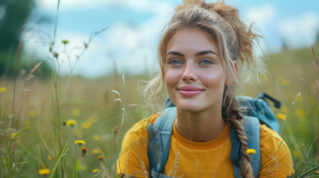 Female hiker with backpack enjoying nature, smiling in a field of wildflowers on a sunny day. - Powered by Adobe