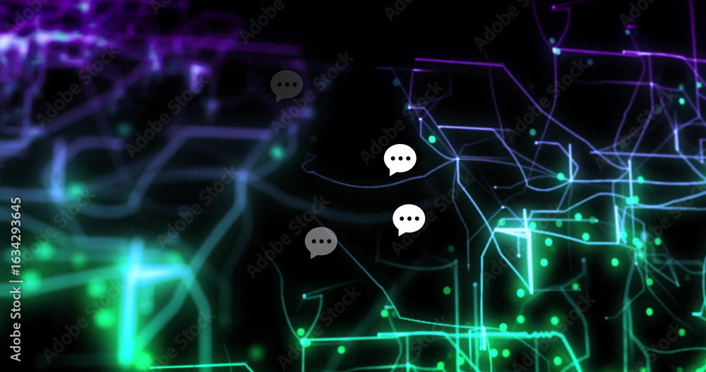 Poster white and gray chat bubble icons hovering in data network, with glowing nodes and neon lines