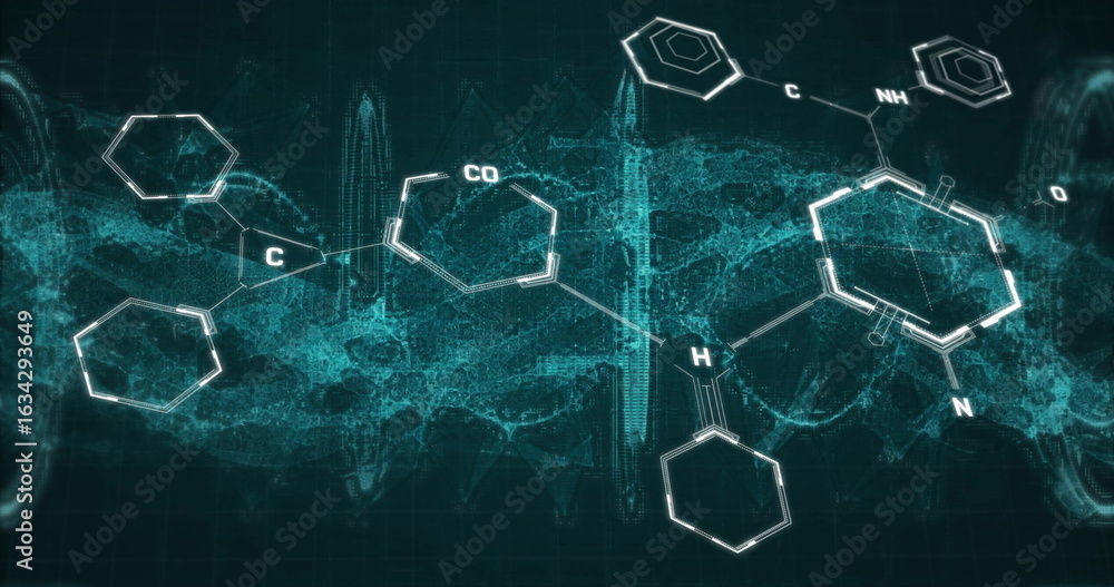 Poster showing molecules with hexagonal rings labeled atoms and bonds in lab over teal grid waveforms
