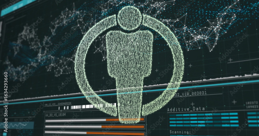 Poster displaying glowing wireframe human silhouette in interface, with additive_data scanning and charts