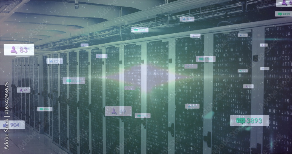 Poster displaying server cabinets with network cables in data center aisle, with binary code overlays