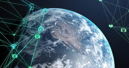 Showing Earth globe over outer space, connecting teal network lines with camera envelope heart wifi