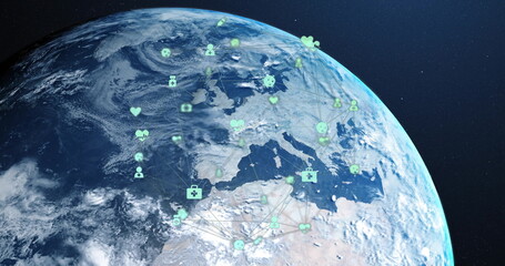 Showing Earth hemisphere spinning from orbit, with green network icons linking global nodes