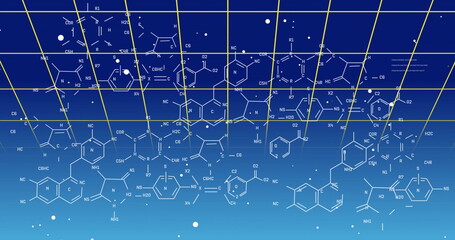 Floating white chemical structures drifting across virtual lab interface, with yellow grid lines