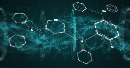 Showing molecules with hexagonal rings labeled atoms and bonds in lab over teal grid waveforms