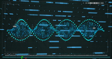 Rotating turquoise DNA helix swirling in grid interface, showing data bars, code labels and barcode