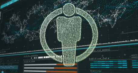 Displaying glowing wireframe human silhouette in interface, with Additive_Data scanning and charts