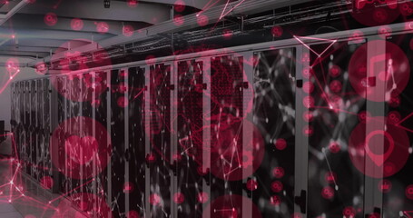 Presenting row of server racks with blinking LEDs in data center corridor, with network overlay