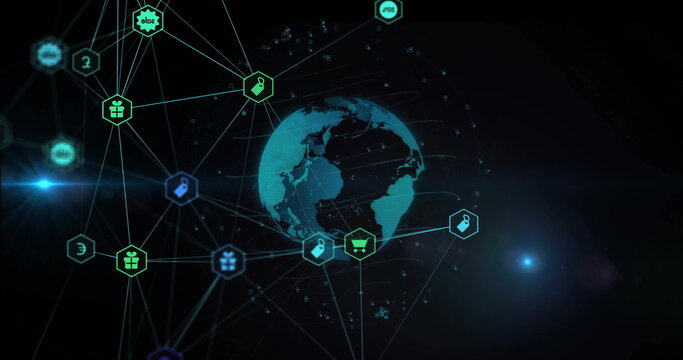 Naklejki Glowing wireframe Earth radiating lines in interface with hexagonal nodes showing commerce icons