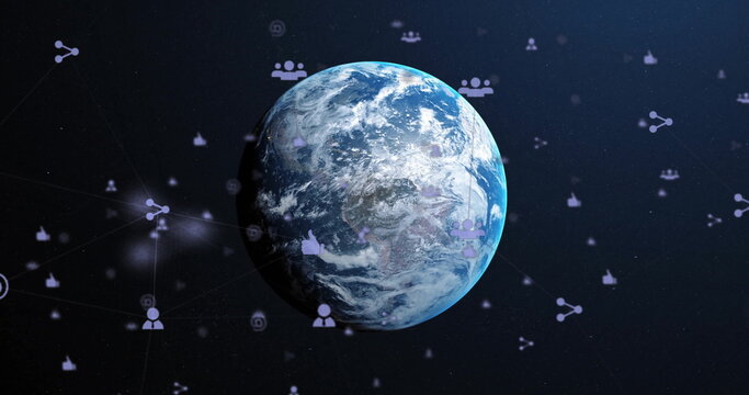 Naklejki Floating 3D rendered Earth globe within dark space, with social icons connected by glowing lines