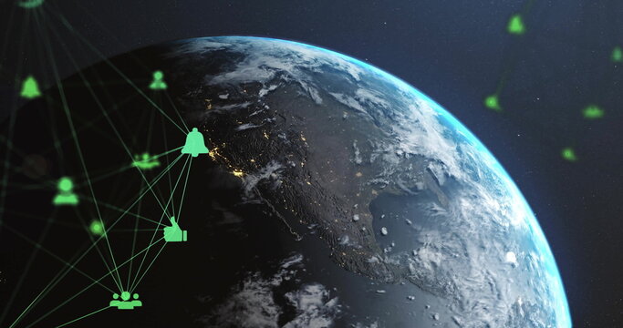 Naklejki Displaying Earth glowing with city lights over star field, with network lines linking user icons