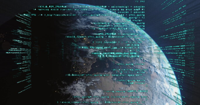 Naklejki Showing Earth globe floating in outer space, with flowing green digital code streams