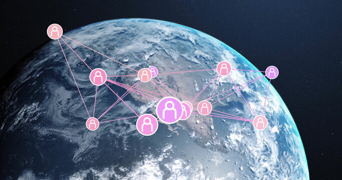 Naklejki Displaying Earth spinning in outer space, linking pink and purple user icons across continents