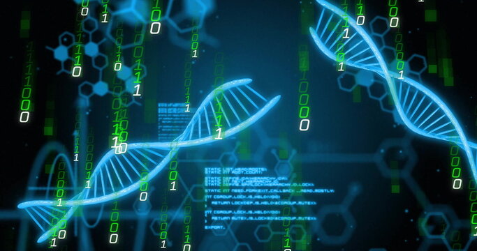 Neon-blue DNA helix floating in interface, with streaming binary digits, hex patterns, code blocks