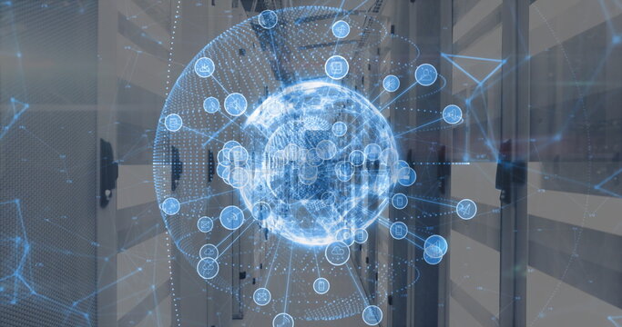 Floating hologram globe projection glowing in data center aisle with server racks and network icons