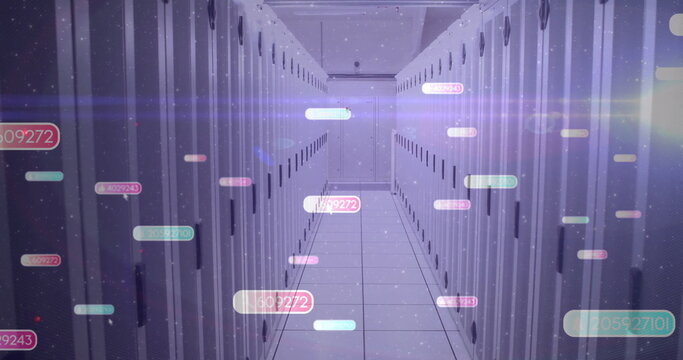 Glowing aisle of server racks running through server room, with floating data labels