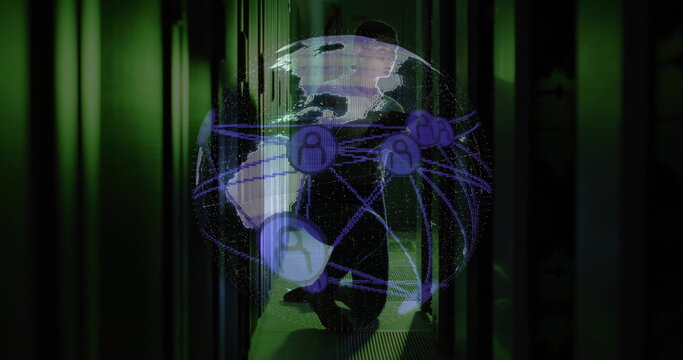 IT technician examining rotating holographic globe in server room, with server racks and cables - Powered by Adobe