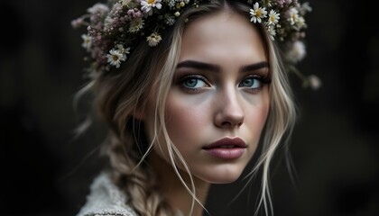 Naklejka premium Portrait of a woman with natural makeup wearing a floral crown in soft natural lighting.