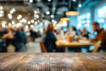 Obraz premium Busy cafe interior, blurred people and tables, wooden tabletop