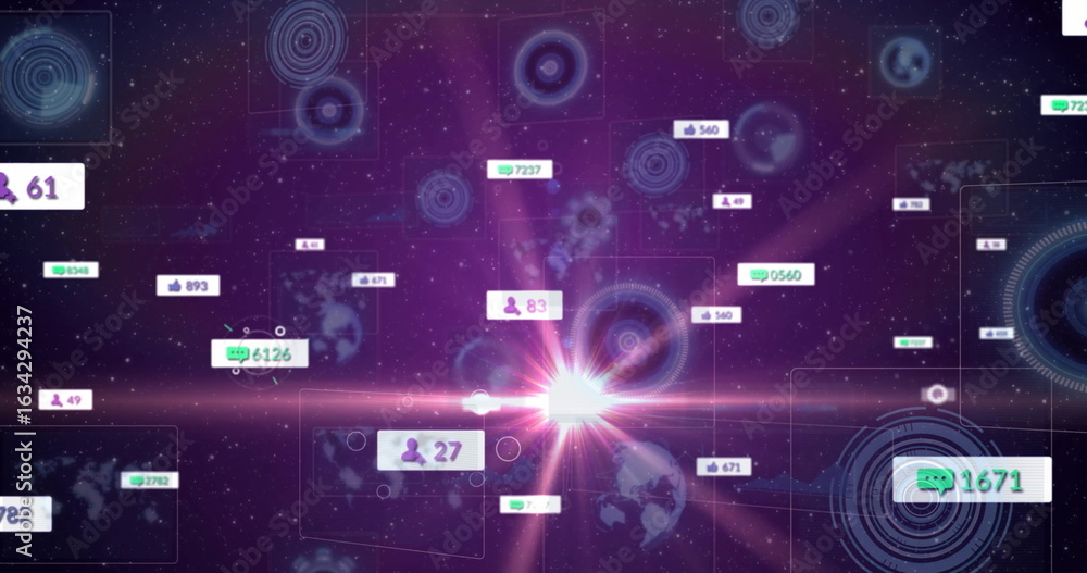 Poster central light flare pulsing in purple network with floating ui elements, hud rings, map outlines