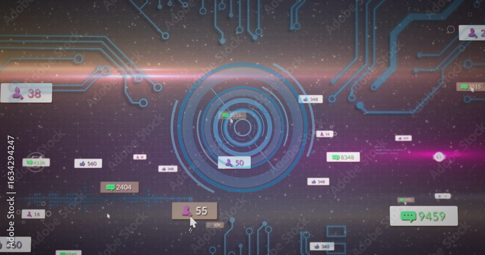 Poster displaying radar target hovering over starfield, with circuit traces and social metrics
