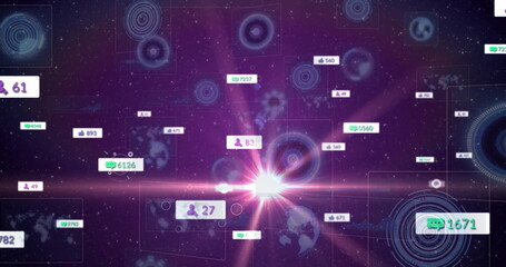 Central light flare pulsing in purple network with floating UI elements, HUD rings, map outlines