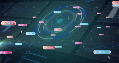 Displaying circular HUD chart analyzing data in 3D environment, with floating numeric tags