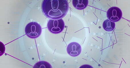 Displaying abstract network interface over virtual grid, showing purple user nodes and data flow