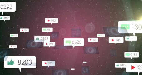 Floating media icons drifting over network, showing thumbs-up, play, chat and counts
