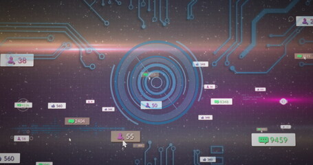 Displaying radar target hovering over starfield, with circuit traces and social metrics