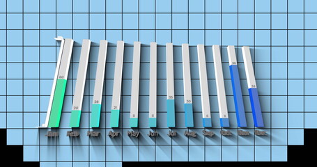 Displaying 3D bar chart rising from black base on blue grid, with month and value labels