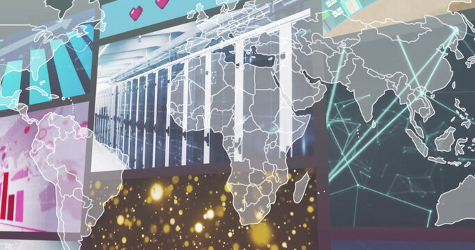 Displaying server panel overlaying world map and network in UI, with glowing particles and hearts - Powered by Adobe