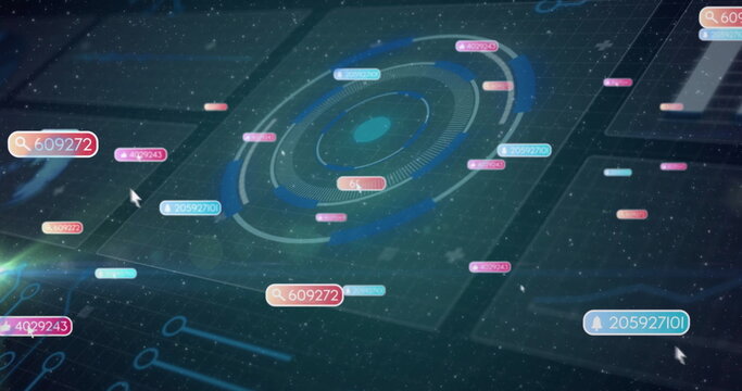 Displaying circular HUD chart analyzing data in 3D environment, with floating numeric tags
