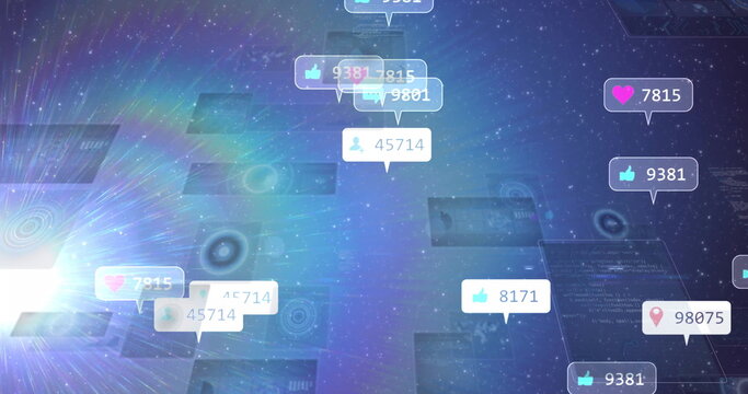 Showing floating engagement icons in cyberspace with thumbs-up hearts counts pins and UI panels