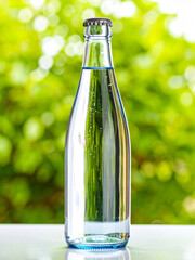 High-Resolution Product Photo of Sparkling Mineral Water in Glass Bottle with Green Natural Bokeh Background