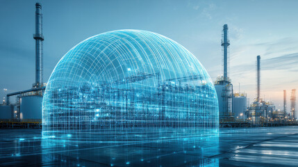 Digital force field protecting industrial oil refinery at sunset