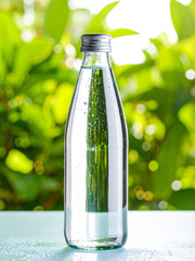 High-Resolution Product Photo of Sparkling Mineral Water in Glass Bottle with Green Natural Bokeh Background