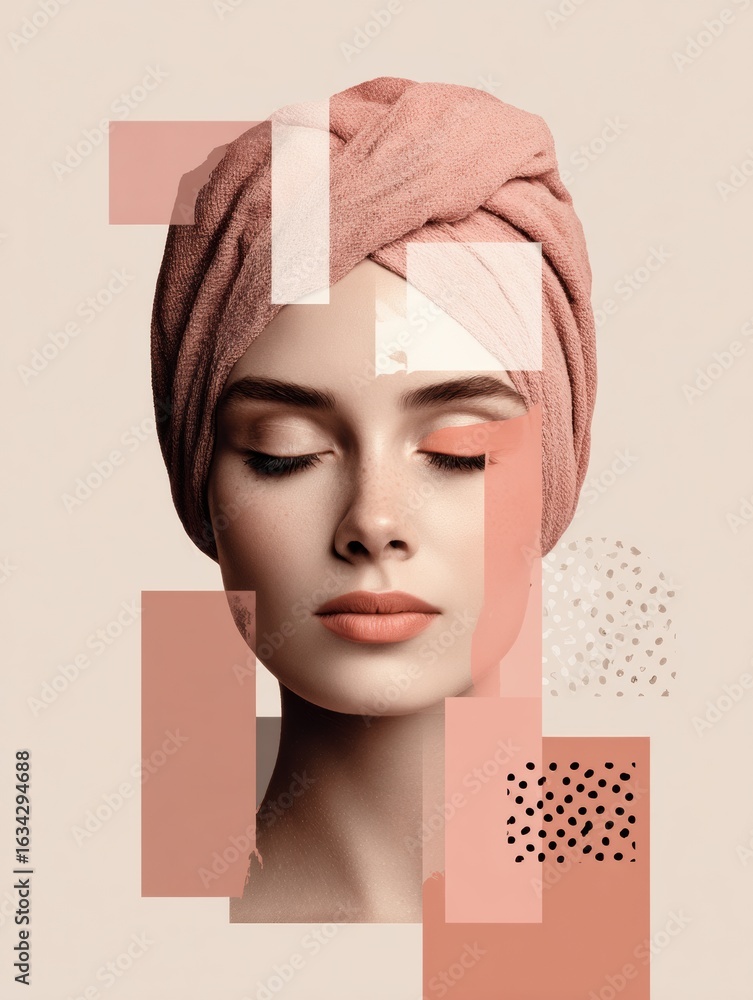 Poster fusion of skincare and makeup in a calming layout with soft spa tones and an open design featuring a