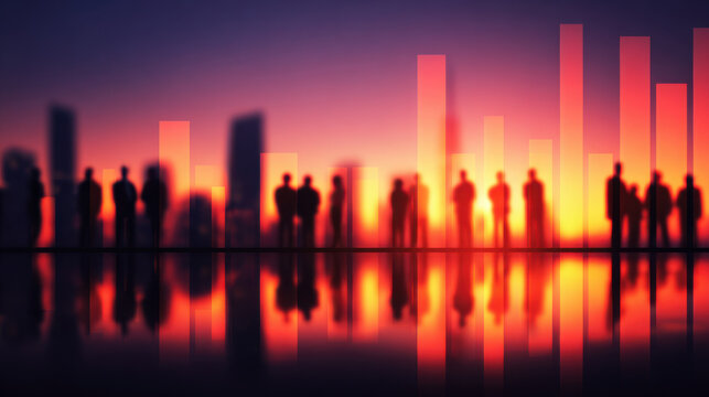 Businesspeople watching growing statistics during sunset reflecting on wet floor - Powered by Adobe