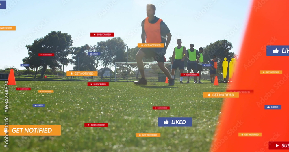 Poster running soccer player in orange bib dodging cones on field in park, with digital ui icons