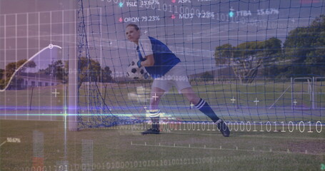 Preparing female goalkeeper in blue jersey distributing ball at net on pitch, with data overlays