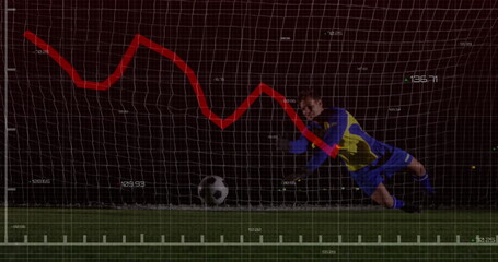 Diving goalkeeper in blue yellow uniform blocking shot on turf, with soccer ball, red graph overlay